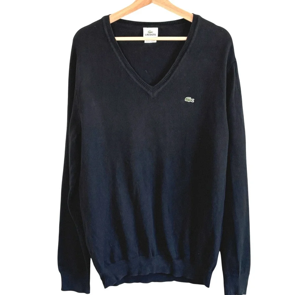 Lacoste V-Neck Sweater Black Mens Size 5 Large Long Sleeve Pullover Knit Logo‎